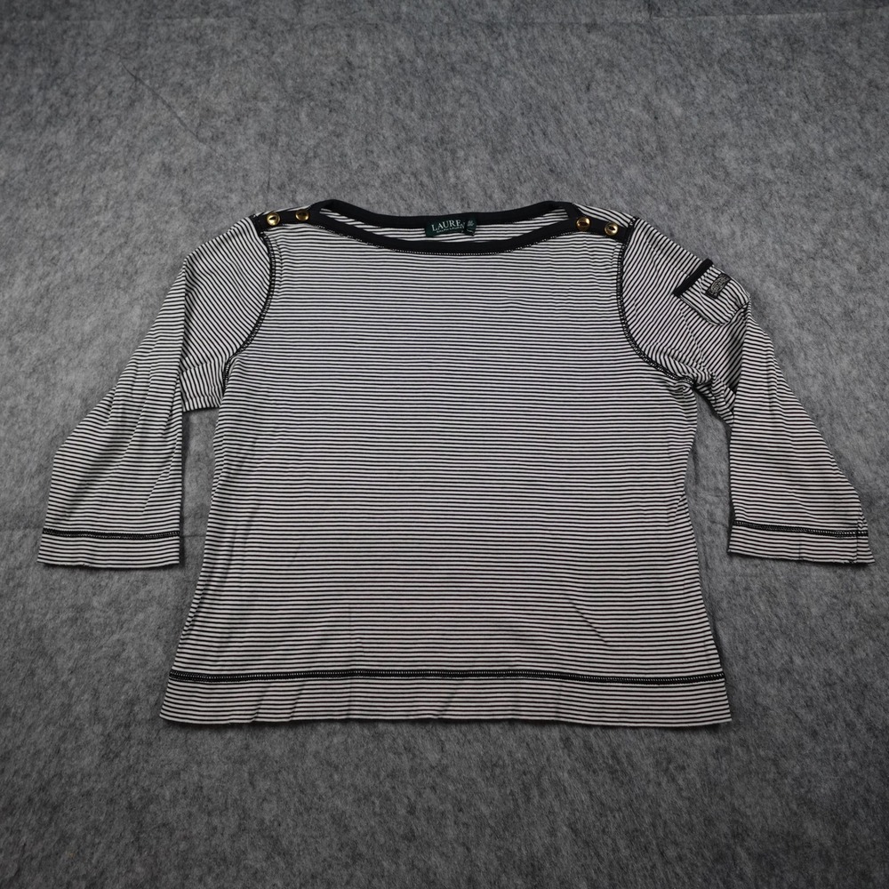 Ralph Lauren Top Women Extra‎ Large Black White Striped Button Shoulder Preppy